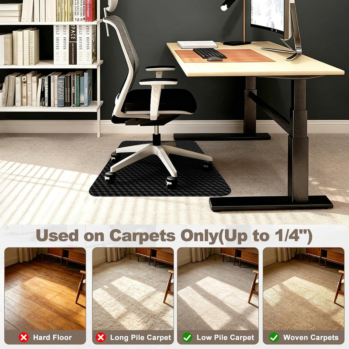 Chair Mat for Carpeted Floor, 3D Visual Black Gaming Chair Mat for Low Pile Carpets, 48"x30" Studded Bottom Carpet Protector, Non-Slip Floor Mat for Rolling Chairs, Home Office & Gaming Room