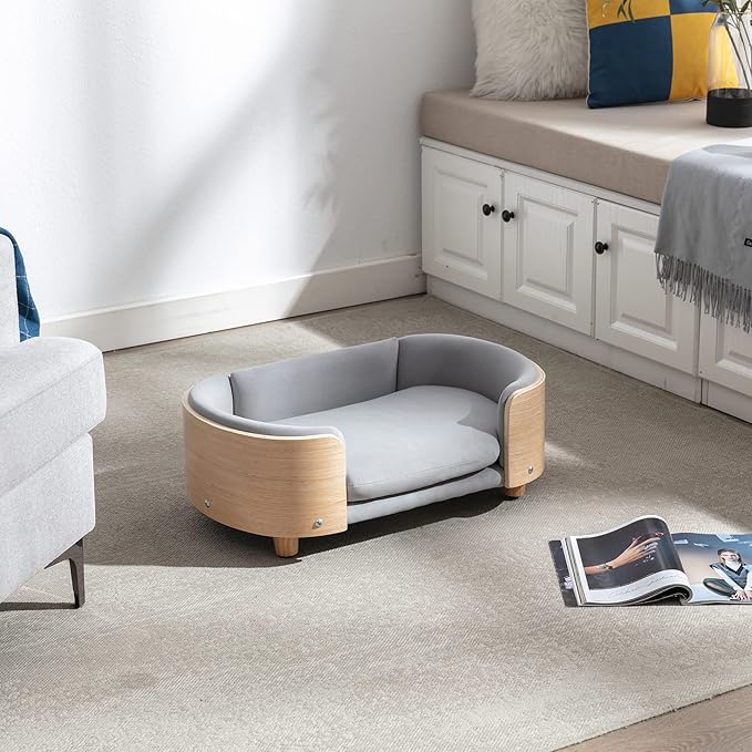 Scandinavian Style Elevated Dog Bed with Solid Wood Frame, Orthopedic Pet Sofa with Removable Washable Cover, Small Size Pet Furniture (Light Gray)