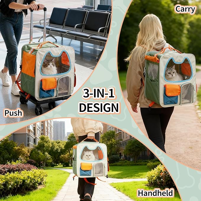 Cat Carrier with Wheels Airline Approved,Removable Pet Carrier Outdoor on Wheels Portable Cat Carrier Bag for Puppy and Kitten Travell Moving or Going Out