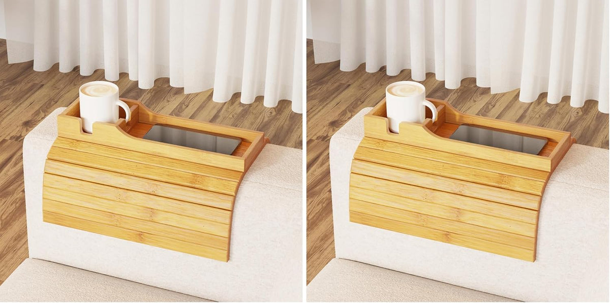 SpaceAid Bamboo Couch Cup Holder, Anti Falling Foldable Sofa Armrest Tray with Cup Holder, Couch Arm Side Table Organizer for Drink Cup Remote Snacks (Natural) (Pack of 2)