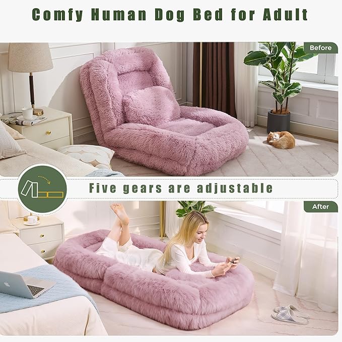 WDYLWFHWPink Foldable Human Dog Bed - 69"x35"x12" Fits You & Pets with Comfy Pillow, Washable Faux Fur, Oversized Lounger Lazy Sofa Beds with 5 Adjustable Position