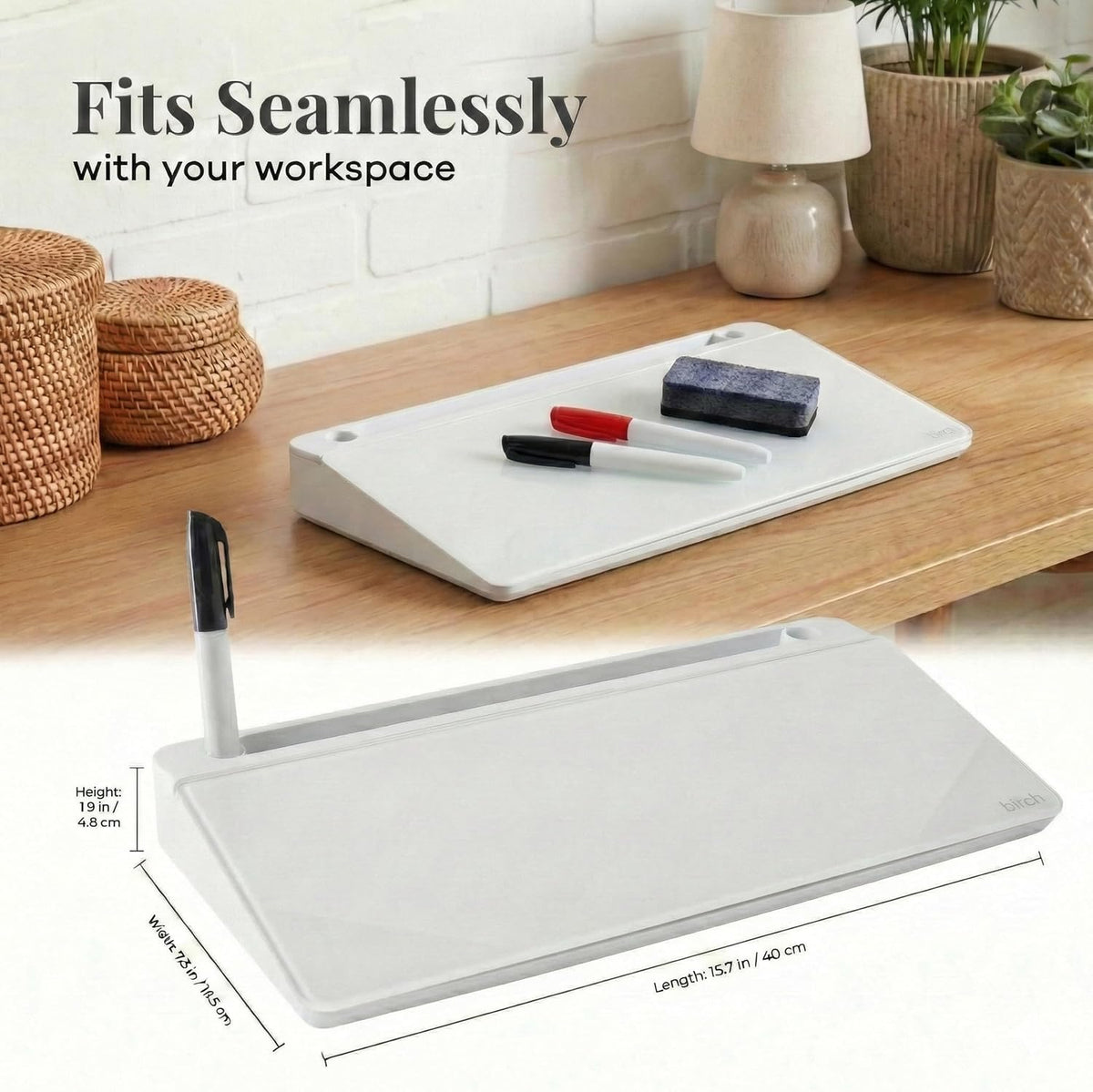 Birch Desktop Glass Whiteboard with Magnetic Weekly Calendar – Dry Erase Board, Keyboard Stand, Hidden Storage, Adjustable Dividers, 3 Markers & Eraser – Office, Home, School – Cloud