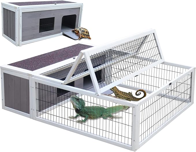 Tortoise House Habitat Wooden with Waterproof Cover, Chicken Coop with Run Rabbit Hutch Small Animal Hutch Enclosure Indoor/Outdoor-Grey + White Trim