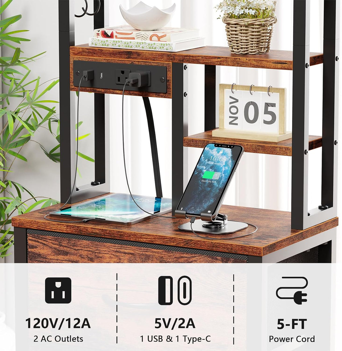 Furnulem Tall Nightstand, 45.3" Bedside Table & End Table, 3 Fabric Drawers