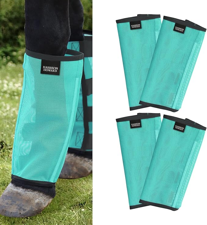 Harrison Howard Loose Fitting Fly Boots UV-Protective Extra Tough Mesh Ventilated Four Fasteners Stay-on Design Protect Horse Legs & Stomp-Reducing Set of 4 Mint Medium
