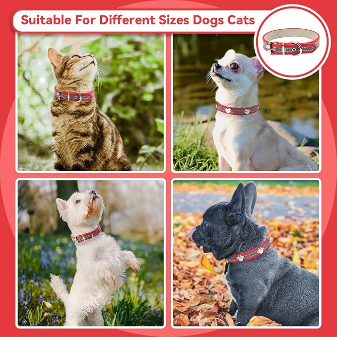 PETCARE Reflective Dog Collar with Cute Paw Rivet Studded Funny Soft PU Leather Adjustable Puppy Dog Collars for Small Medium Large Dogs Cats (Red,Large)