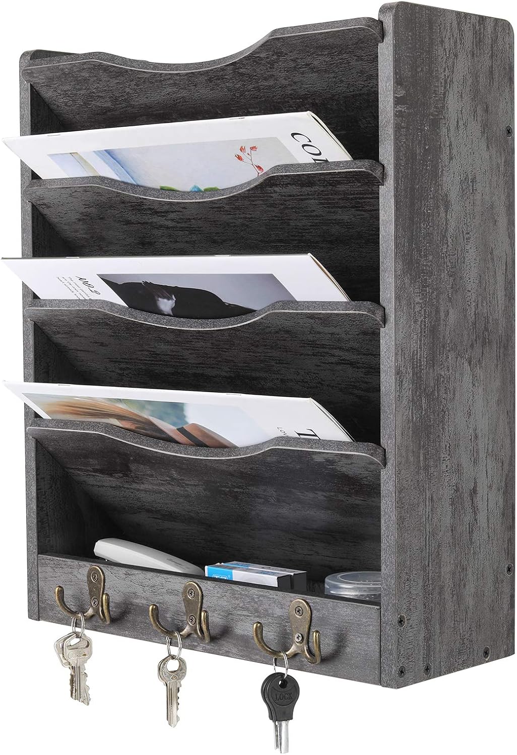 PAG-Mass 5-Tier Wall File Holder Hanging Mail Organizer Wood Magazine Literature Rack with 6 Hooks, Dark Gray