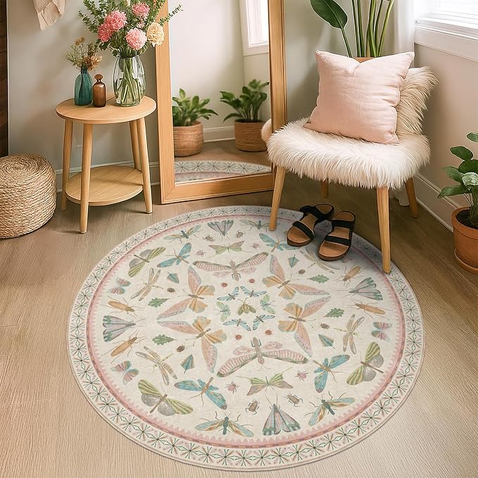 Boho Light Pink Round Rugs for Kids Bedroom - 4 ft Unique Circle Area Rugs for