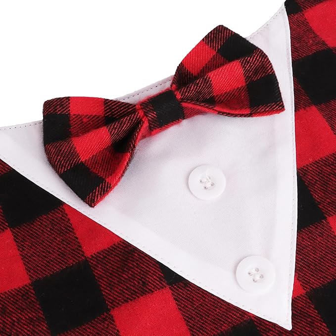 ADOGGYGO Christmas Dog Tuxedo Bandana, Red Plaid Xmas Pet Bowtie Collar, Adjustable Christmas Costumes for Large Dogs (L)