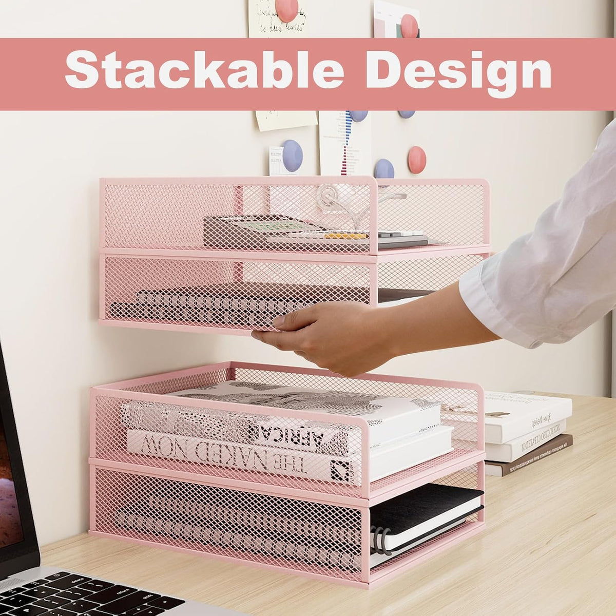 Natwind 4-Tier Stackable Metal Mesh Letter Paper Tray Organizer,Pink