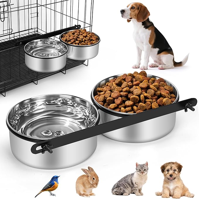 Dog Crate Water Bowls No Spill, 40oz Stainless Steel Dog Food and Water Bowl Set for Large/Medium/Small Pets, Detachable Hanging Pets Bowls for Cage, Kennel, Crate,Convenient for Adding Food and Water