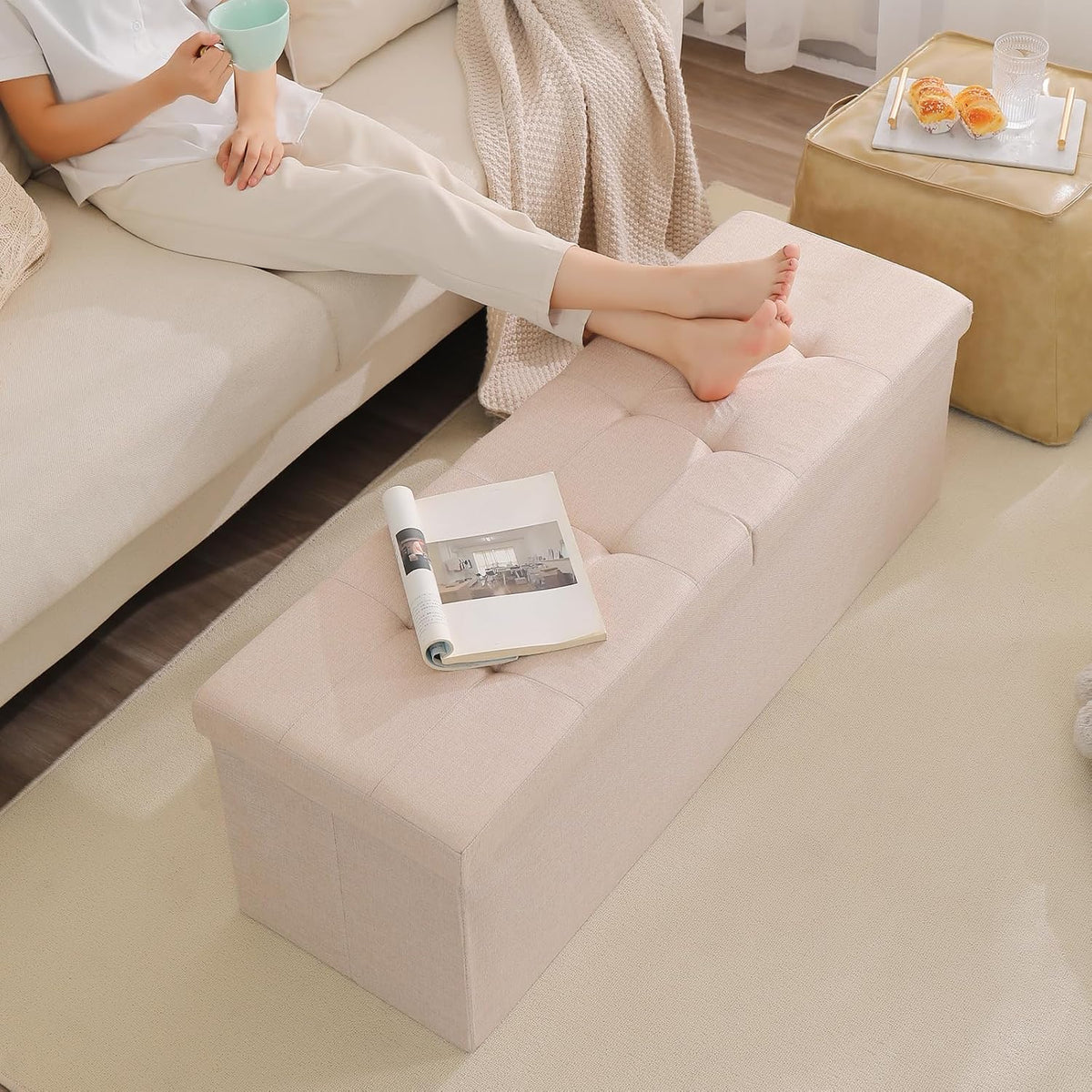 Storage Ottoman Bench Foldable Footrest Foot Stool, 45" Fabric Brown