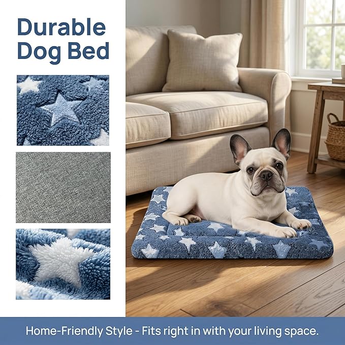 Dog Bed Mat - Reversible Dog Crate Bed Mats, Soft & Breathable Kennel Pad, Durable Crate Bed for Small Dogs & Cats (Navy&Stars, M(30"*20"*1.2"))
