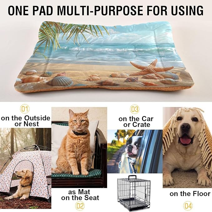 Sea Starfish Beach Dog Bed Cat Bed with Non-Slip Bottom, Kennel Bed Crate Soft Pet Bed Mattress Washable Pets Bed Pad for Small Medium Large Dogs Cats,18x24in