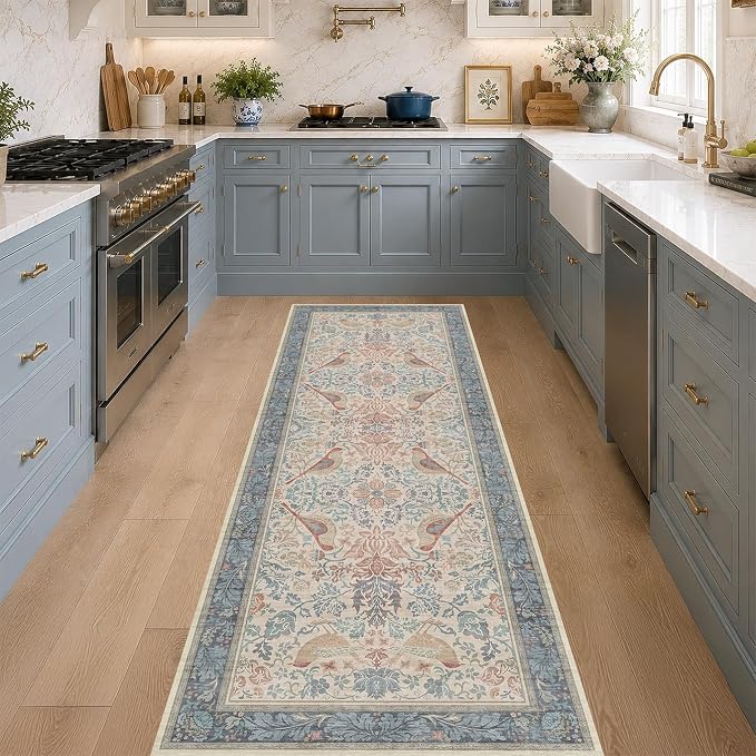 Hazo Haus Natural Red Blue 2'6"x8' Hallway Runner Rug, Boho Kitchen Floor Mat