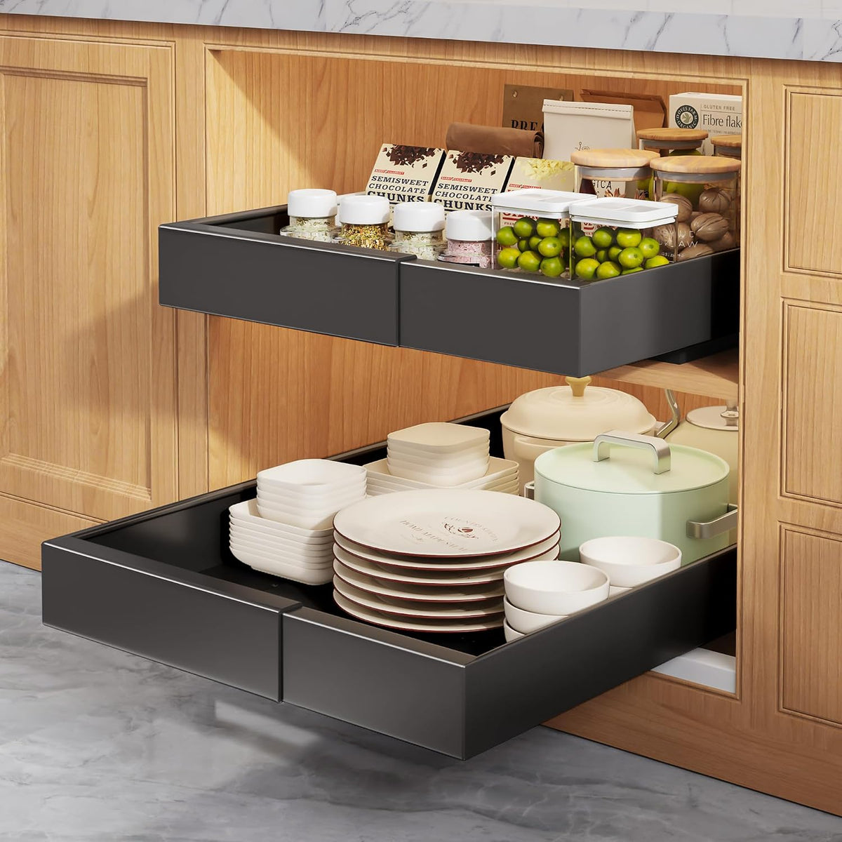 Seinloes 2 Pack Pull Out Cabinet Organizers 21" Deep With Raising Pad for Framed Cabinets, Expandable Width (9"-14") Slide Out Drawers Upgrade 3 Slide Rails, Roll Out Shelves Adhesive, Black