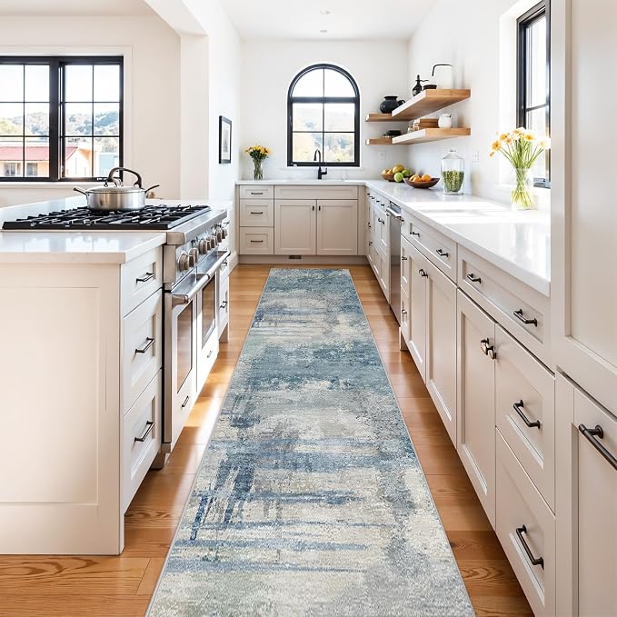 2.6x14 Extra Long Runner Rug Grey Abstract: Washable Non-Slip Carpet
