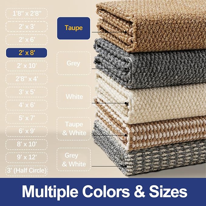 Faux Jute Hallway Runner Rug 2'x8', Washable & Non-Slip, Taupe | 0.27" Low Pile