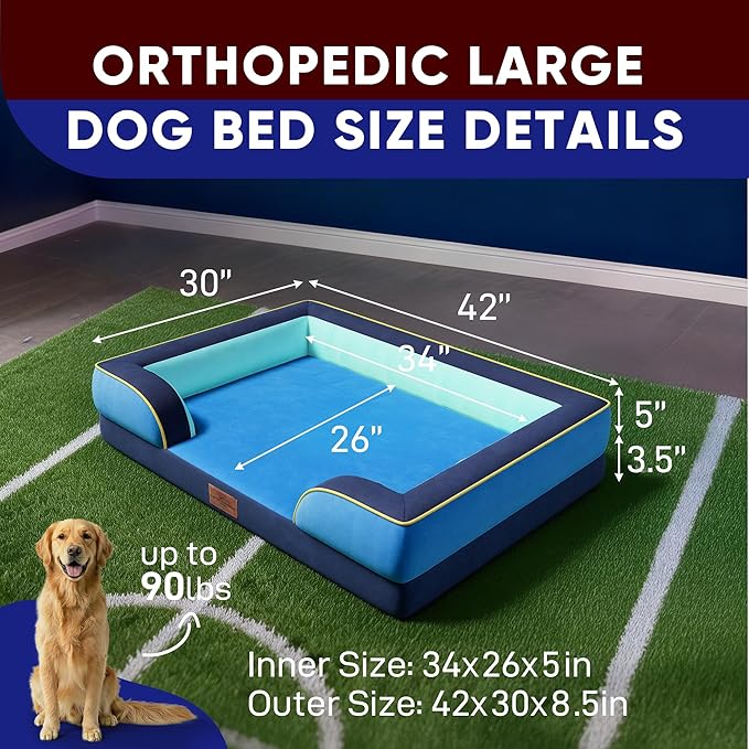 Comfort Expression Orthopedic Dog Bed for Extra Large Dogs 42x30 Inch, Waterproof Egg Crate Foam XL Pet Bed with Removable Bolsters, Dog Couch with Washable Cover & Non-Slip Bottom, New Jersey