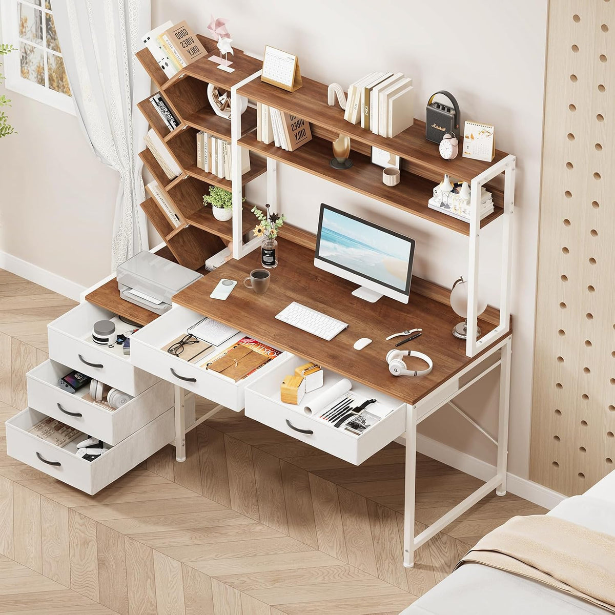 YOMILUVE 52" Computer Desk with Bookshelf, 5 Drawers ＆ Hutch for Bedroom