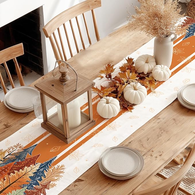 Fall Watercolor Trees & Maple Leaves Striped Table Runner 13x108 Inch, Rustic