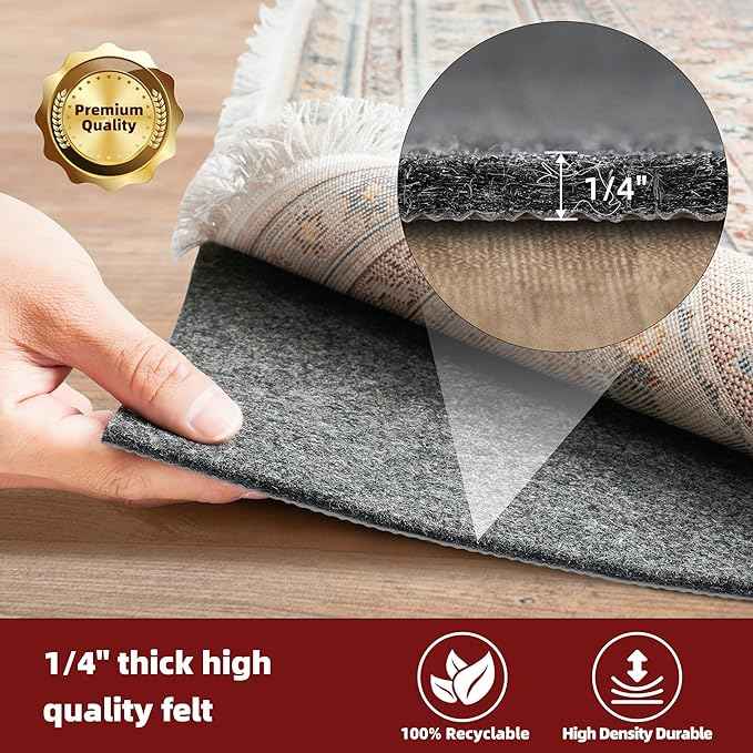 BAGAIL Felt and Natural Rubber Backing Rug Pads 1/4” Thick, Round 4 Ft Non Slip