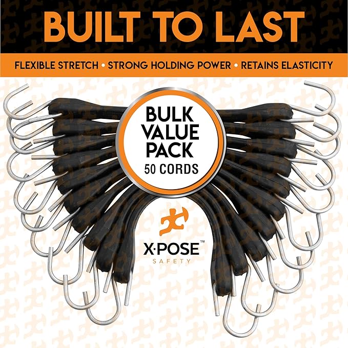 Rubber Bungee Cords with Hooks 50 Pack 41 Inch (62” Max Stretch) Heavy-Duty Black Tie Down Straps for Outdoor, Tarp Covers, Canvas Canopies, Motorcycle, and Cargo - by Xpose Safety