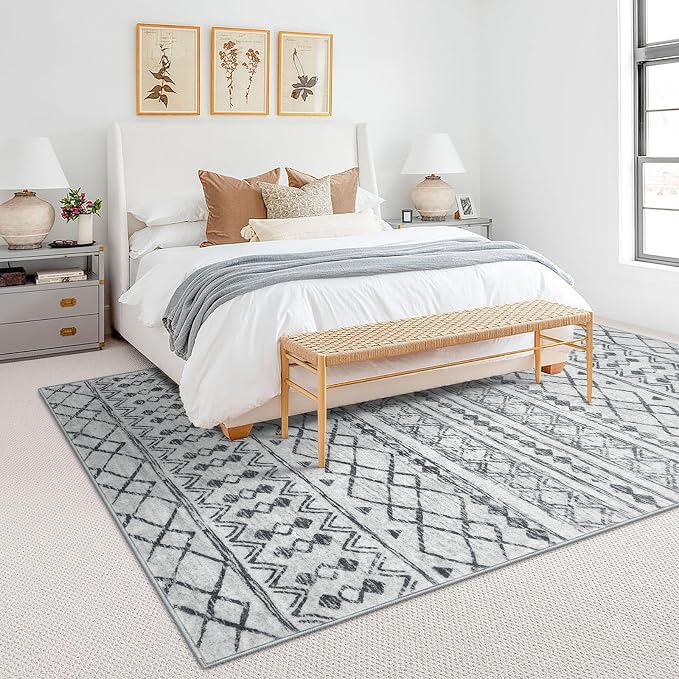 KUTA Area Rug 5x7 Grey, Washable Boho Large Living Room Moroccan Rugs Non-Slip