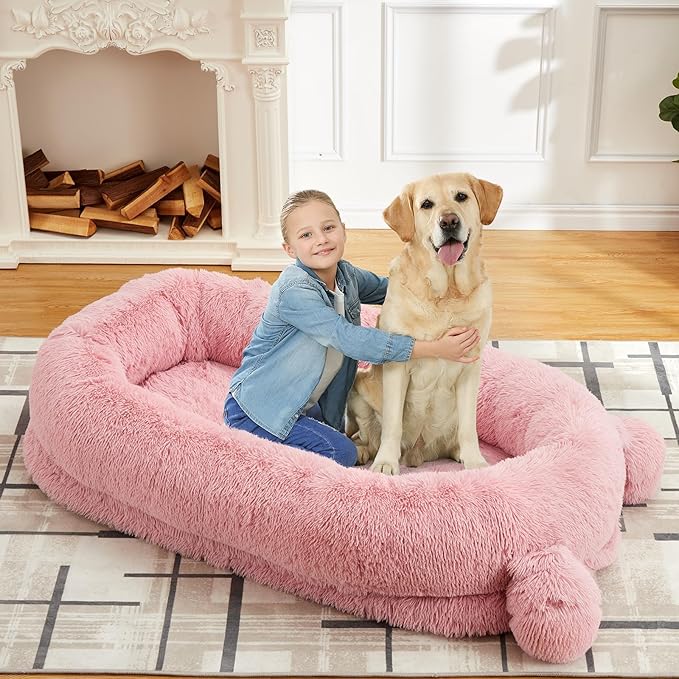 GarveeHome Human Sized Dog Bed, 71" x 45" x 12" Large Dog Bed with 2 Storage Pockets, Fluffy Faux Fur Orthopedic Pet Bean Bed for Adults & Giant Pets - Pink