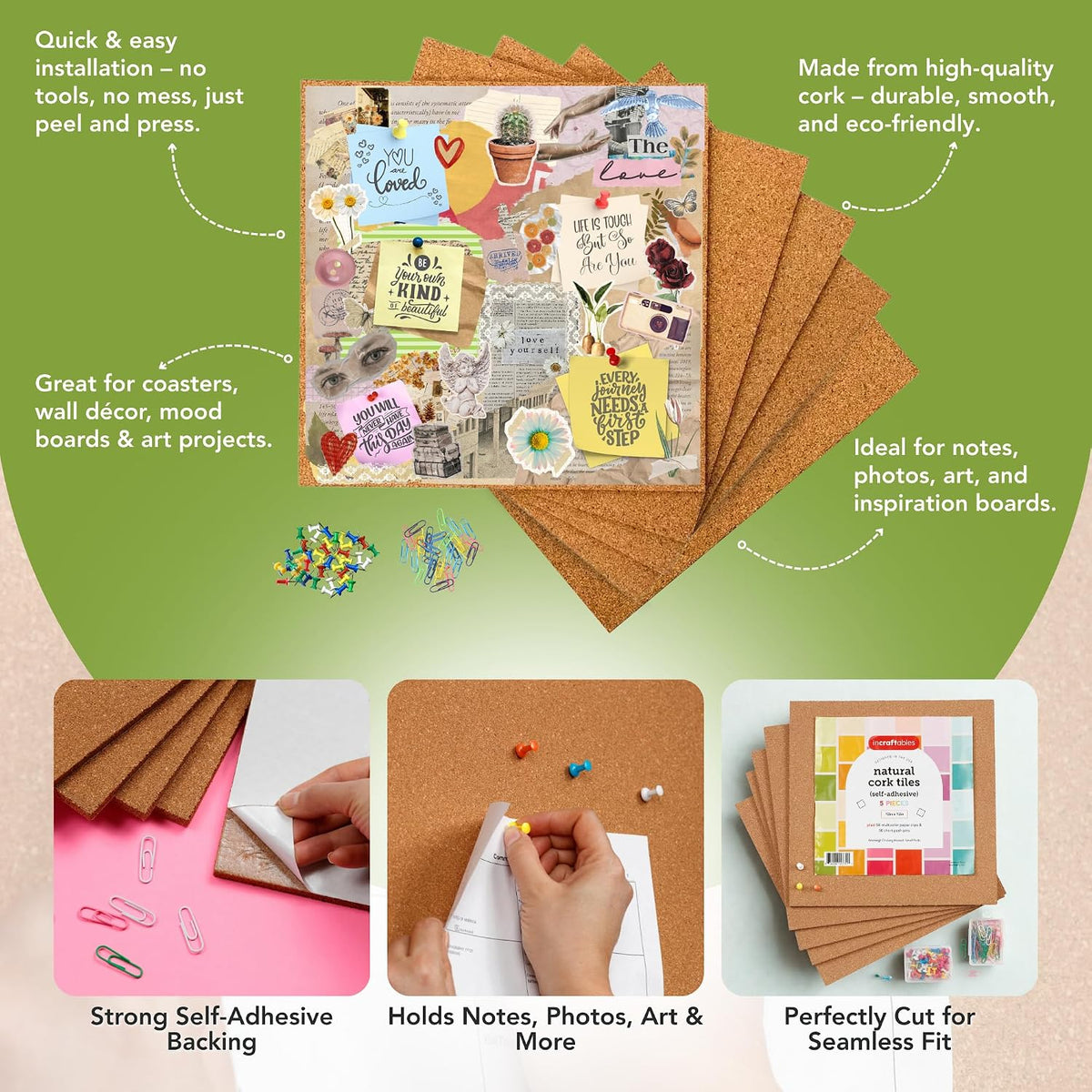 Cork Board Tile Squares – 5 Piece 12x12 Self-Adhesive Squares for Bulletin Boards, Wall Corkboards, Vision Boards, Pin Boards, Office & Craft Projects (Pack of 2)