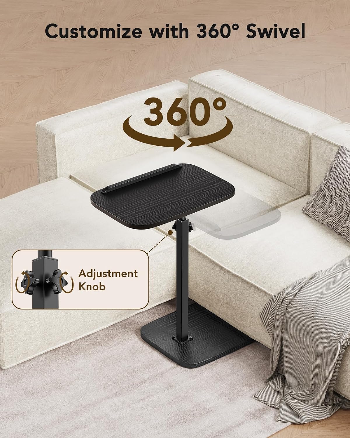 HUANUO TV Tray with Height Adjustment, 360° Swivel, 90° Tilt, Black