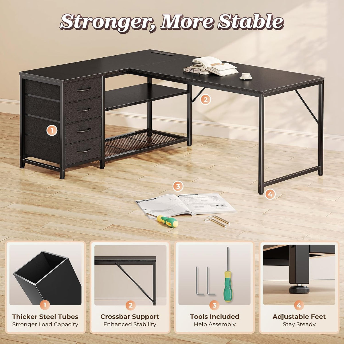 PRAISUN 53" L Shaped Desk with Power Outlets & 4 Drawers