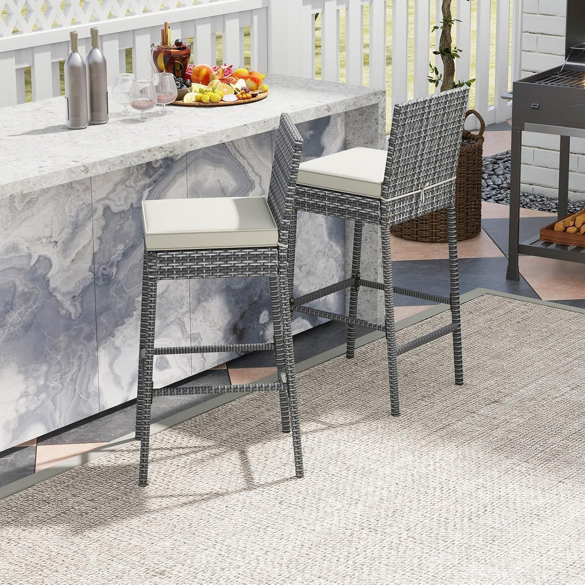 HAPPYGRILL Outdoor Rattan Bar Stools Set of 4, Wicker Bar Chairs