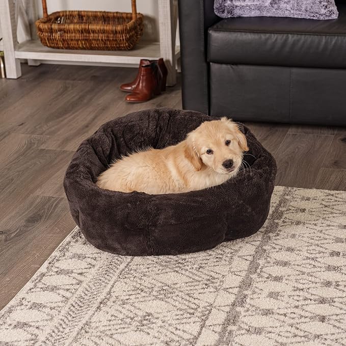 Furhaven 23" Round Self-Warming Pet Bed for Indoor Cats & Medium/Small Dogs, 100% Washable, For Pets Up to 45 lbs - Hi Lo Plush Luxe Faux Fur Cuddler - Sable Brown, Medium, 23.0"L x 23.0"W x 15.0"Th