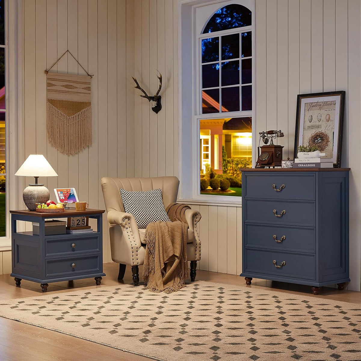 Joaxswe Farmhouse 4 Drawer Dresser for Bedroom, 37" Tall Rustic Chests of Drawers w/ 4 Solid Wood Feet, Mid Century Modern Wooden Closet Storage Dressers Organizer for Living Room, Hallway, Navy Blue