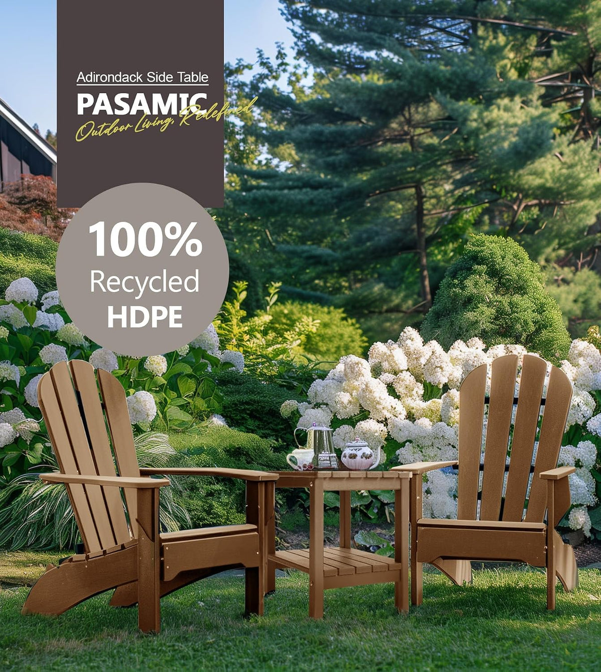 PASAMIC Outdoor Side Table, 2-Tier Storage Patio Side Table, HDPE Adirondack Side Table, Weather Resistant Square Small Outdoor Table for Patio, Backyard, Pool & Garden, Brown