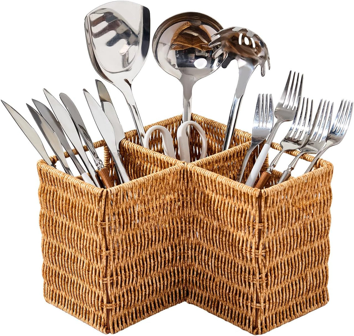 Berdeng 3-Compartment Silverware Caddy, Faux Rattan Utensil Holder with 2 Handles, Washable Woven Flatware Organizer for Forks, Knives and Spoons, Kitchen Countertop and Dining Table