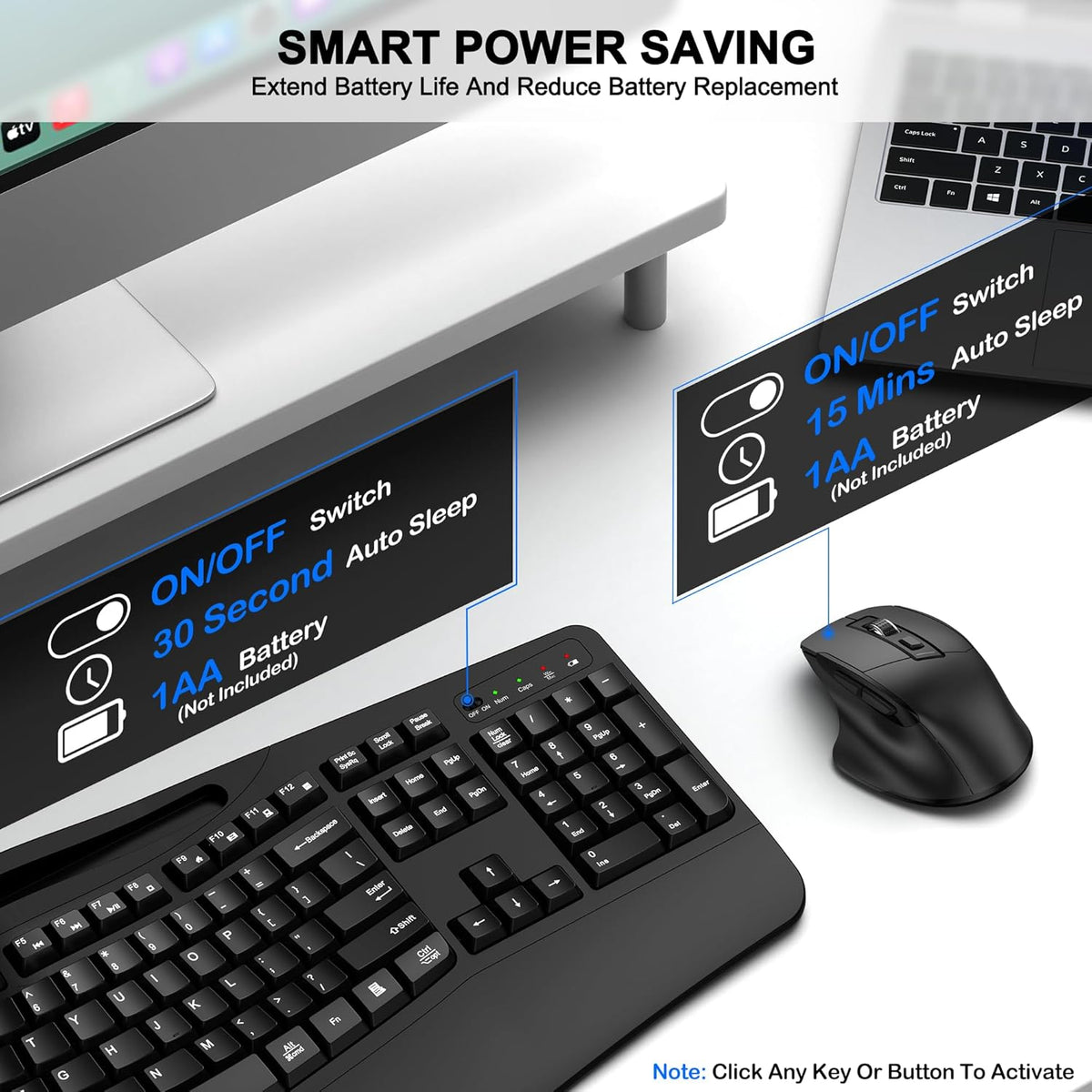 Wireless Keyboard and Mouse Combo, 2.4G Ergonomic Wave Keys(Black)