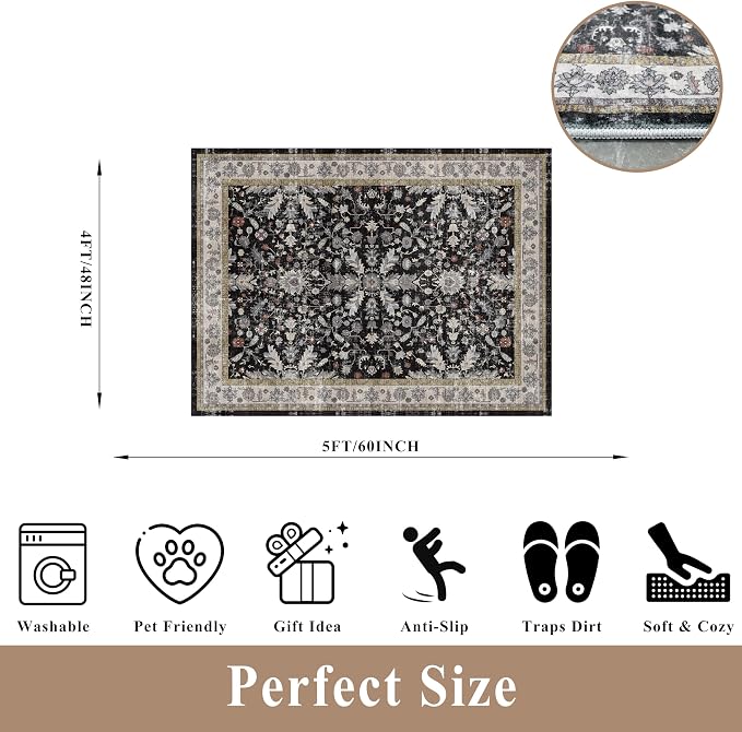 4x5 Kitchen Rug Washable Non-Slip – Soft Low Pile Indoor Carpet