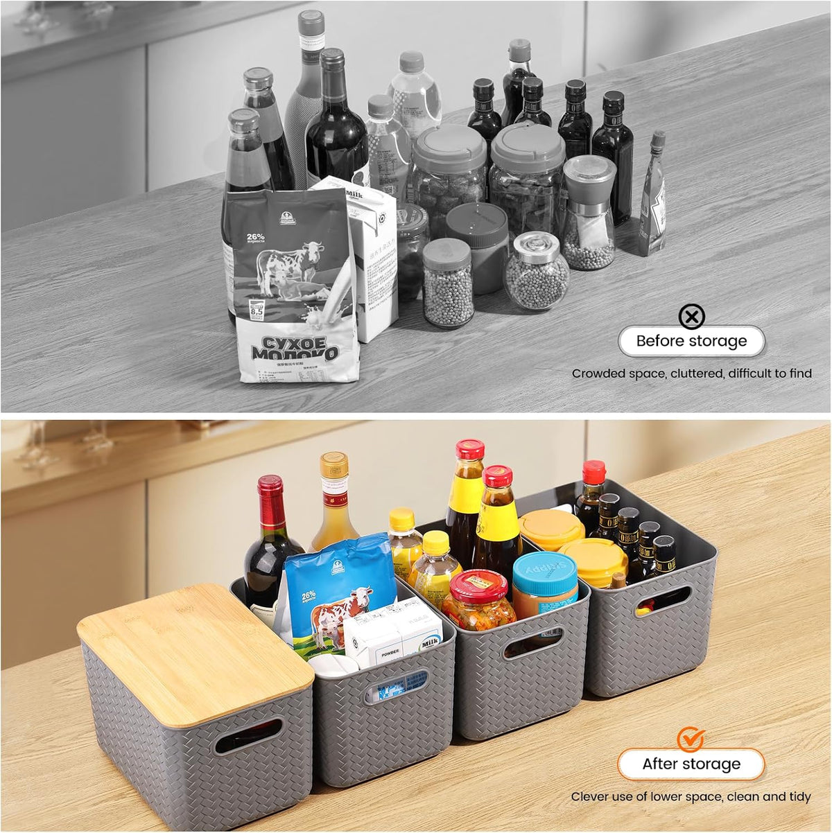 Ohmlove 4 Pack Storage Bins with Bamboo Lids,Stackable Box for Organization
