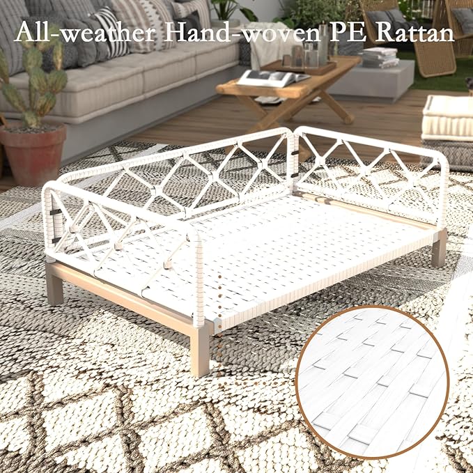 Dog Sofa Bed, Elevated Dog Couch with Washable Removable Gray Cushion, Rattan White Wicker Orthopedic Raised Pet Sofa for Outdoor, Indoor