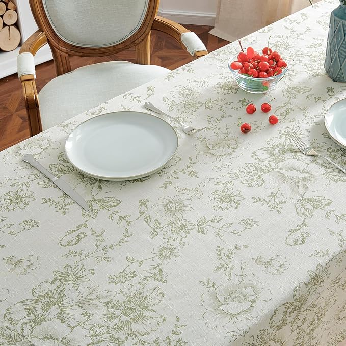 jinchan Green Floral Linen Blend Rectangle Table Cloth 52 x 70 Inch | Elegant