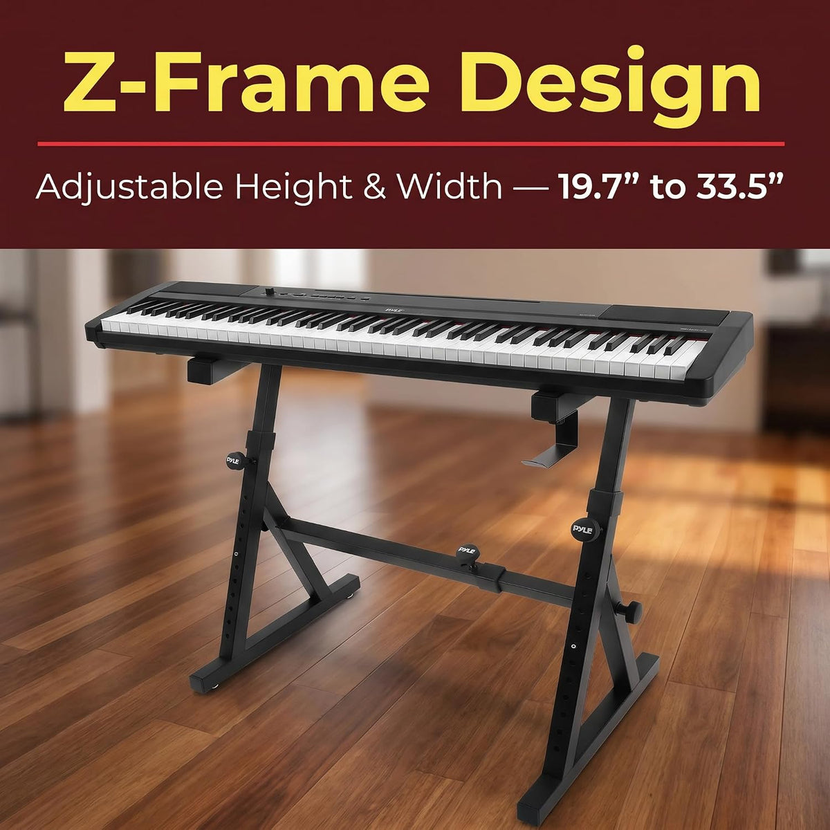 Pyle Heavy Duty Folding Keyboard Stand - Sturdy Reinforced Z Design w/ Adjustable Width & Height, Foam Padded Arms, Digital Piano Stand, Fits 54-88 Key Electric Pianos & Used for Travel & Storage