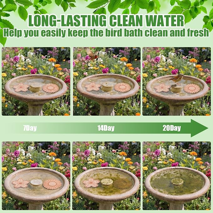 4 Pack Bird Bath Copper Disk Bird Bath Purification Disk with Triple-Point Support 99.99% Pure Copper Water Cleaner for Outside Bowl, Physical Safe Clean Water (Flowers)