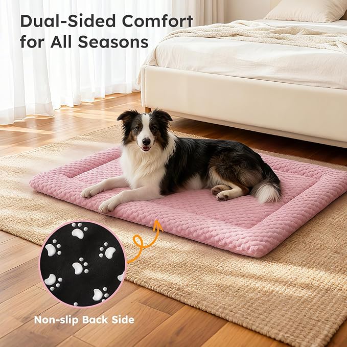 Dog Bed Mat, Dual-Sided Dog Crate Bed Mat - Ultra Soft & Machine Washable Kennel Pad for Small Dogs, All-Season Comfort Pet Bed for Crates, Travel, and Home, Pink, 24 x 16 Inch