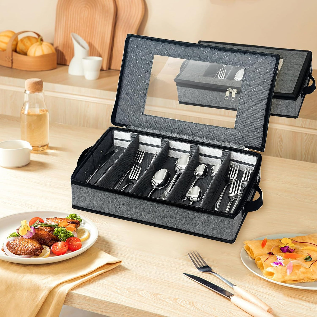 Silverware & Flatware Storage Organizer with Lid, 2 Pack Gray