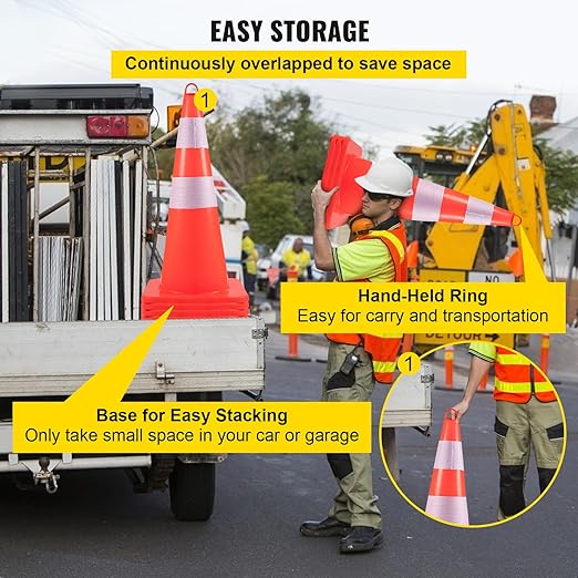 VEVOR Safety Cones, 10PCS 28" Traffic Cones, PVC Orange Construction Cones, 2 Reflective Collars Traffic Cones with Weighted Base and Hand-Held Ring Used for Traffic Control, Driveway Road Parking
