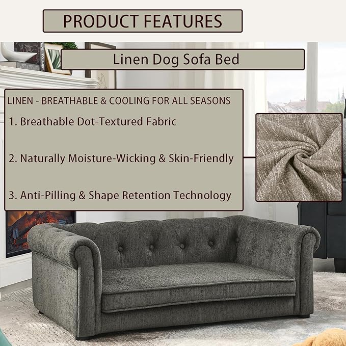 Elevated Rectangle Dog Sofa for Small & Medium Dogs - Comfortable Linen Fabric Dog Bed with Button Tufted Back, Durable Modern and Stylish Pet Bed for Living Room, Bedroom (Dark Grey)