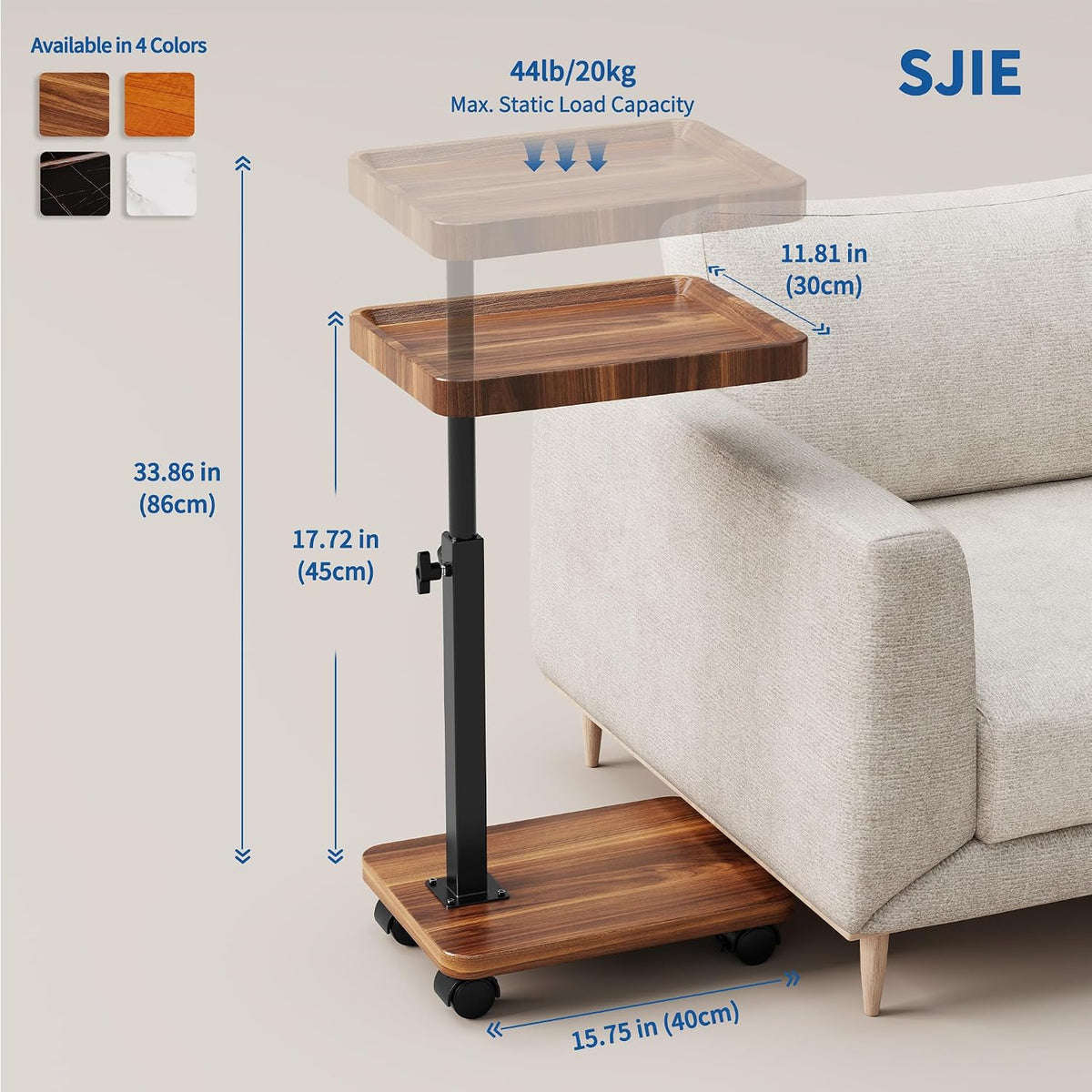 C Table with Wheels, Adjustable Height, 360° Swivel Bed Tray Table