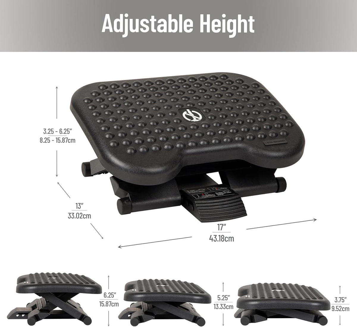 Mind Reader Foot Rest, Under Desk at Work, Ergonomic, Height Adjustable, Office, Plastic, 17" L x 13" W x 6.25" H, Set of 2, Black